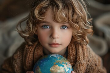 Bright-eyed and inquisitive, this child grasps a globe, symbolizing a connection to the world and a thirst for knowledge