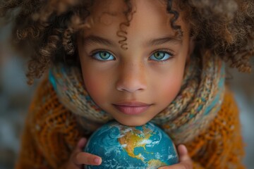 A young child with curly hair looking earnestly at the camera while holding a small globe, symbolizing hope for the future - obrazy, fototapety, plakaty