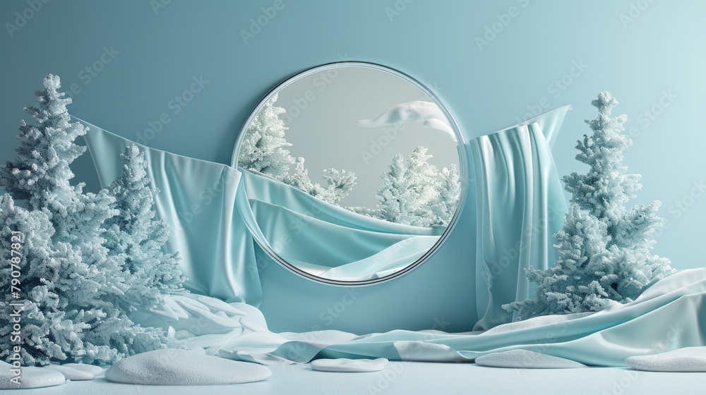 Wall mural Winter scene with floating cloth and mirror in a surreal background. 3D rendering.