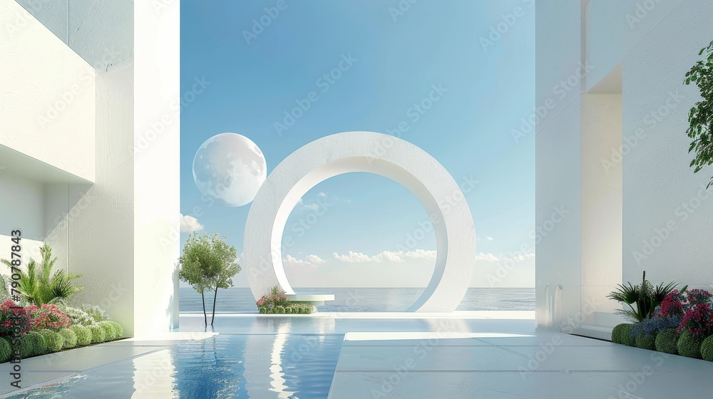Aufkleber scene with geometrical forms in 3d, an arch with a poidum in a garden, and a view of water in the ba