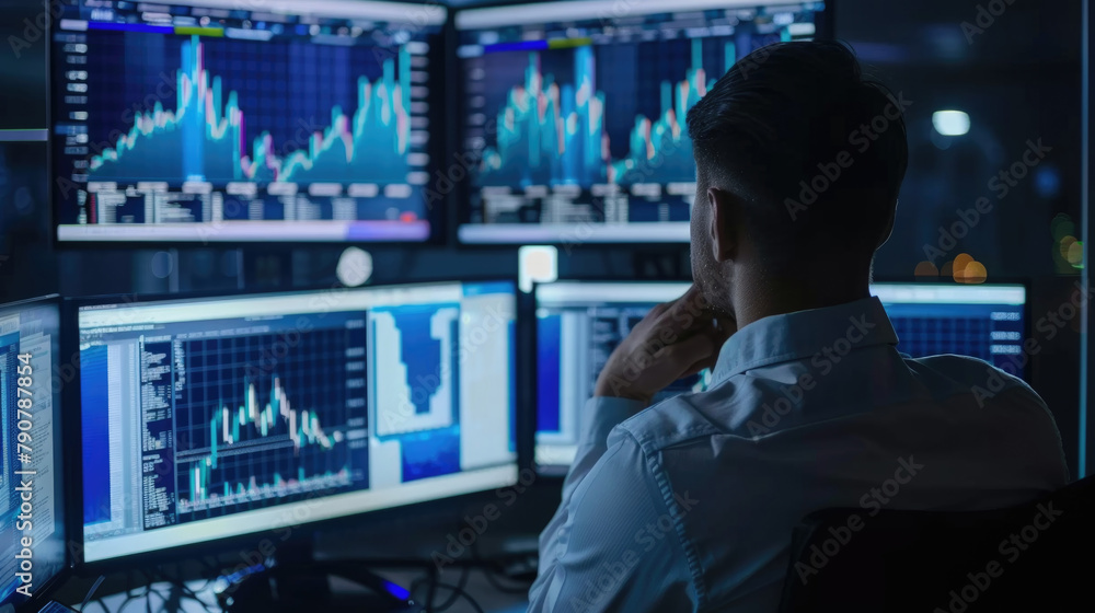Poster a man is seated in front of numerous computer monitors, concentrated on the screens in a busy office