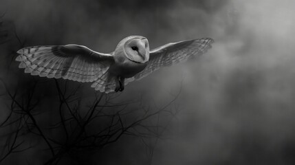 Obraz premium Black and White Photo of Owl in Wilderness
