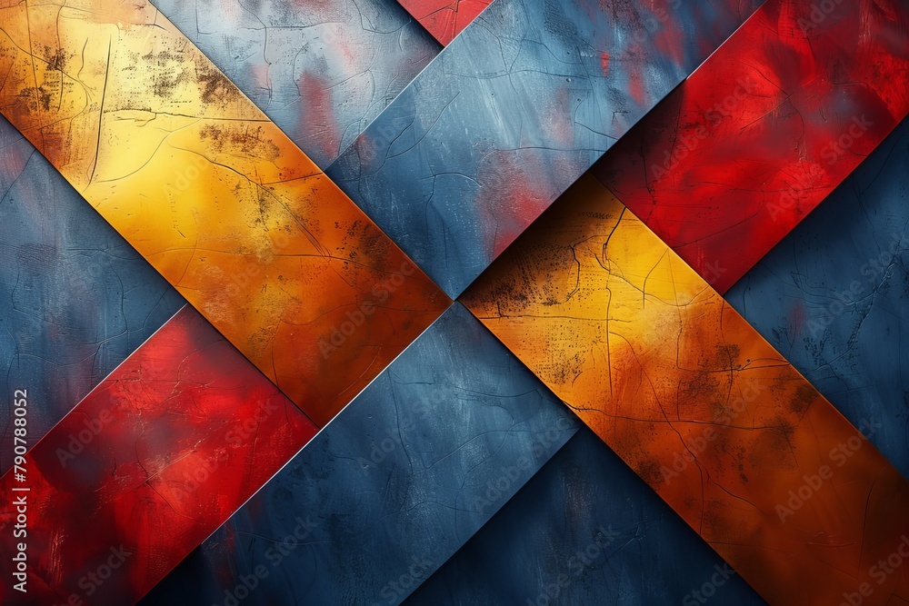 Poster bold geometric background with angular lines intersecting in warm and cool tones, symbolizing struct