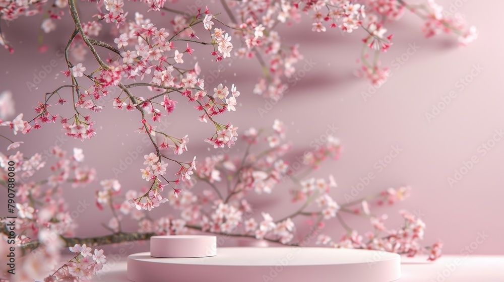 Fototapete beautiful podium backdrop with a spring sakura cherry blossom tree branch. 3d rendering.