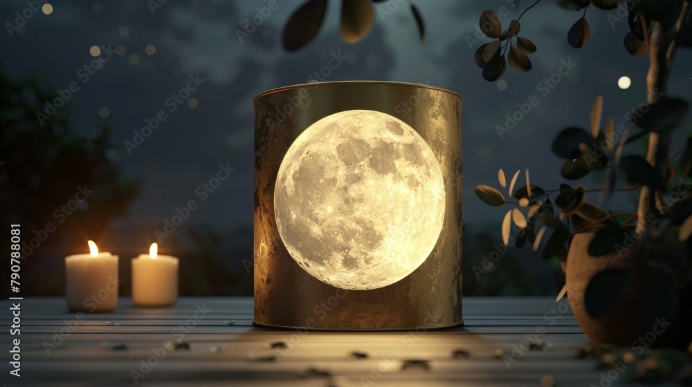 Poster 3d render of abstract cylinder box with full moon background. mid autumn festival background.