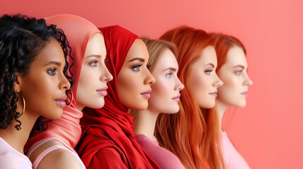 Fototapeta premium Muslim Woman Photo Group. A group of young muslim women wearing headscarves having fun together. Portrait of smiling young Arabian girl in red hijab looking at camera on light background, widescreen