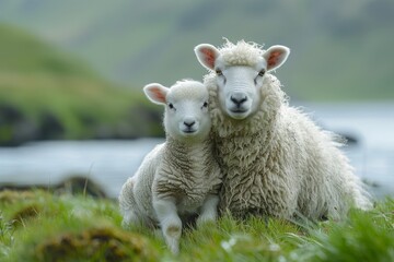 Despite the obscured view, a playful lamb can be seen in a lush green environment with its protective parent sheep close by - Powered by Adobe