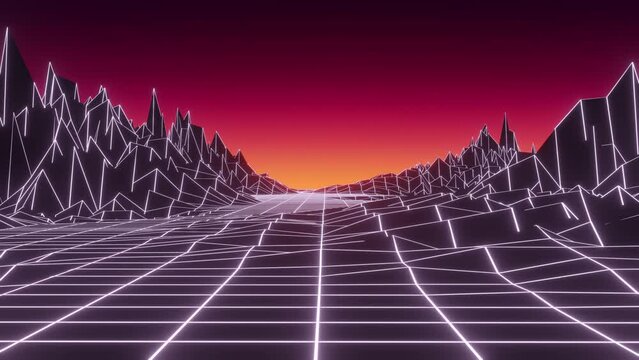 Abstract retro mountains on background of starry sky. 3D topographic map of terrain planet Earth. Grid landscape with lines and dots. Futuristic digital wireframe floor in style of 80s and 90s.