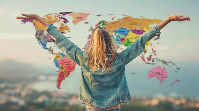 Happy woman going on summer holiday. Smiling overjoyed young girl wearing jeans walking with her travel bag on bright turquoise background. Vacation concept. Travel planning concept on map. 