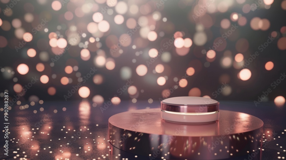 Poster A beauty fashion bokeh background with a podium for displaying products. Three-dimensional rendering.