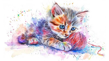 Cheerful watercolor of a cartoonstyle kitten playing with a ball of yarn, bright and playful colors on a crisp white background