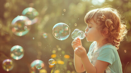 A young girl smiling as she blows bubbles into the air, creating a playful and carefree moment - Powered by Adobe