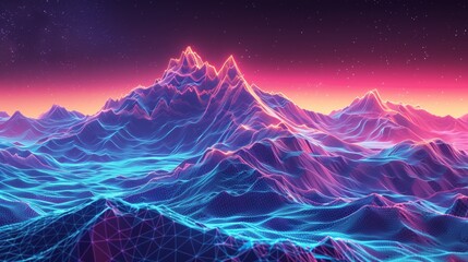 Virtual reality landscape, polygonal mountains in neon colors