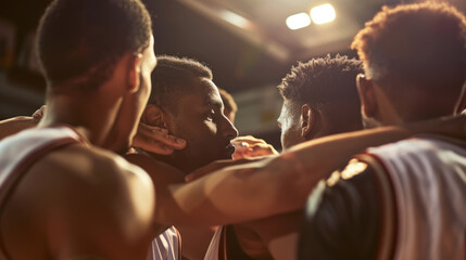 A close-knit team of basketball players gathers for a strategic huddle under the bright lights of the court at twilight