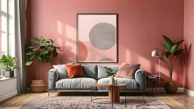 A living room with a gray couch, pink walls, plants, and a coffee table.