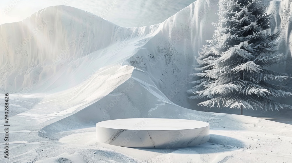 Poster Three-dimensional rendering of an abstract winter landscape scene with a podium for displaying products.