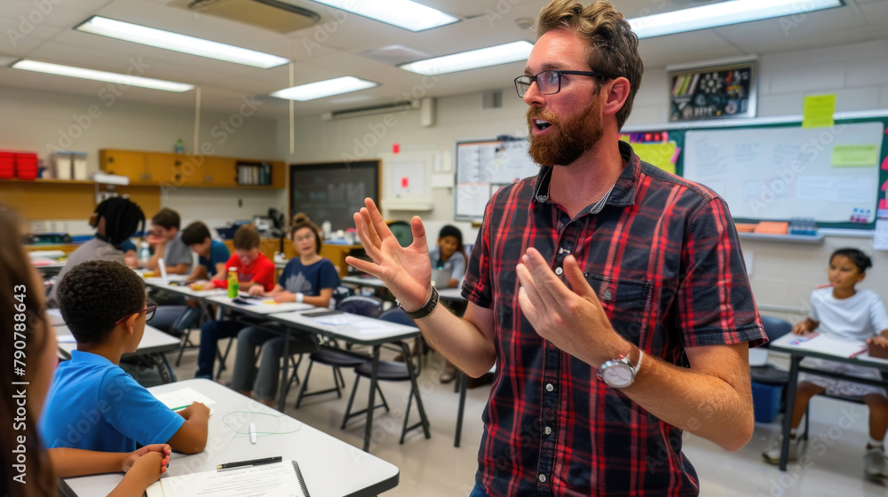 Poster a man is standing in front of a classroom filled with attentive students. he appears to be teaching 