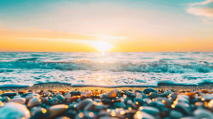 Beautiful sunrise on the beach with pebbles and sea wave
