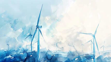Minimalist watercolor of wind turbines against a pale sky, strokes of light blue and white conveying clean energy and modern industry - obrazy, fototapety, plakaty