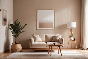 Cozy earth-tone living room decoration with sofa, brown carpet, brown wall, and minimal art frame in a perfect composition.