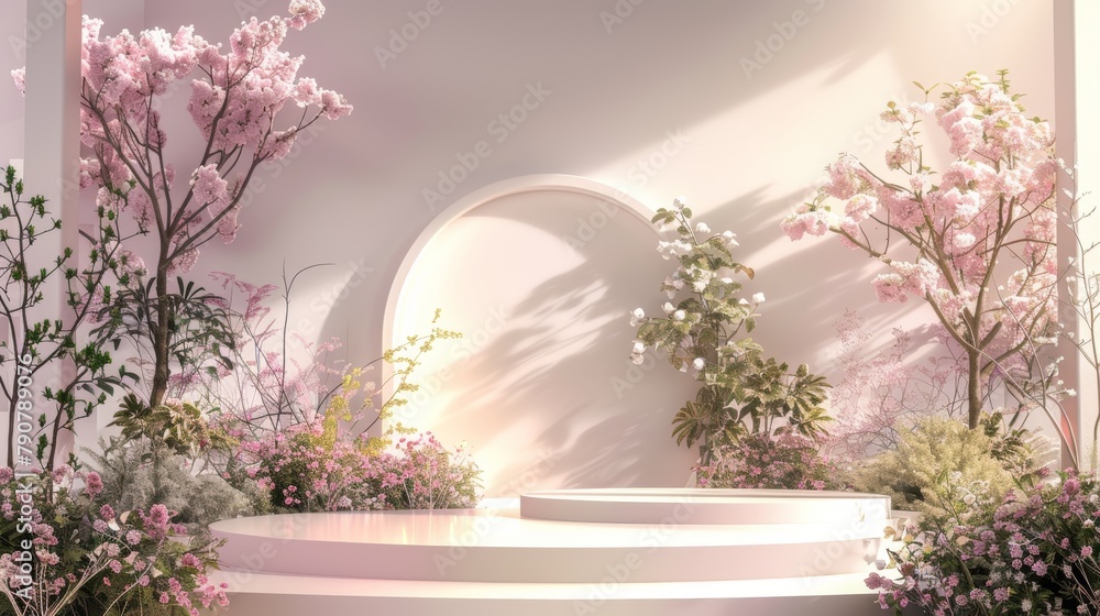 Poster the backdrop features an abstract garden scene with a natural beauty podium backdrop. this is a 3d r