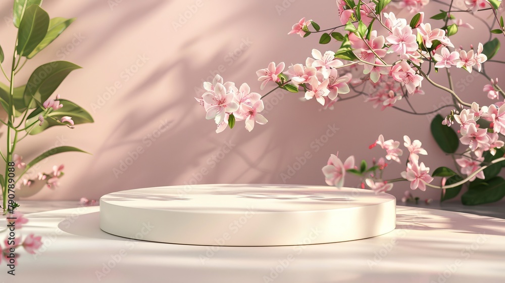 Poster Spring flower podium backdrop for product display. 3D rendering.