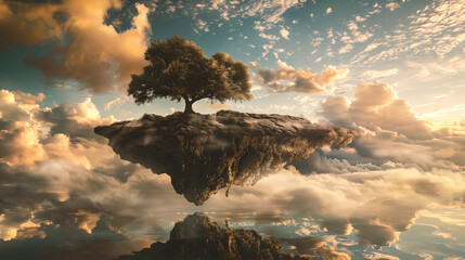 Tree on the island floating in the sky with clouds.  - obrazy, fototapety, plakaty