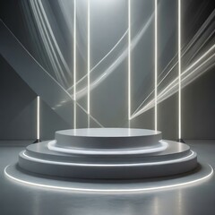 A futuristic podium with clean lines and glowing accents, set against a backdrop of shimmering reflections, creating a captivating visual spectacle that embodies modernity and sophistication.
