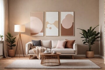 Cozy earth-tone living room decoration with sofa, brown carpet, brown wall, and minimal art frame in a perfect composition.