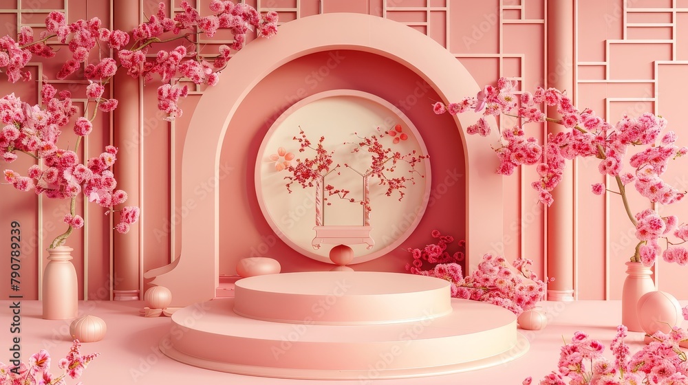 Aufkleber Background of Chinese style with podium for displaying products. Rendering in 3D.