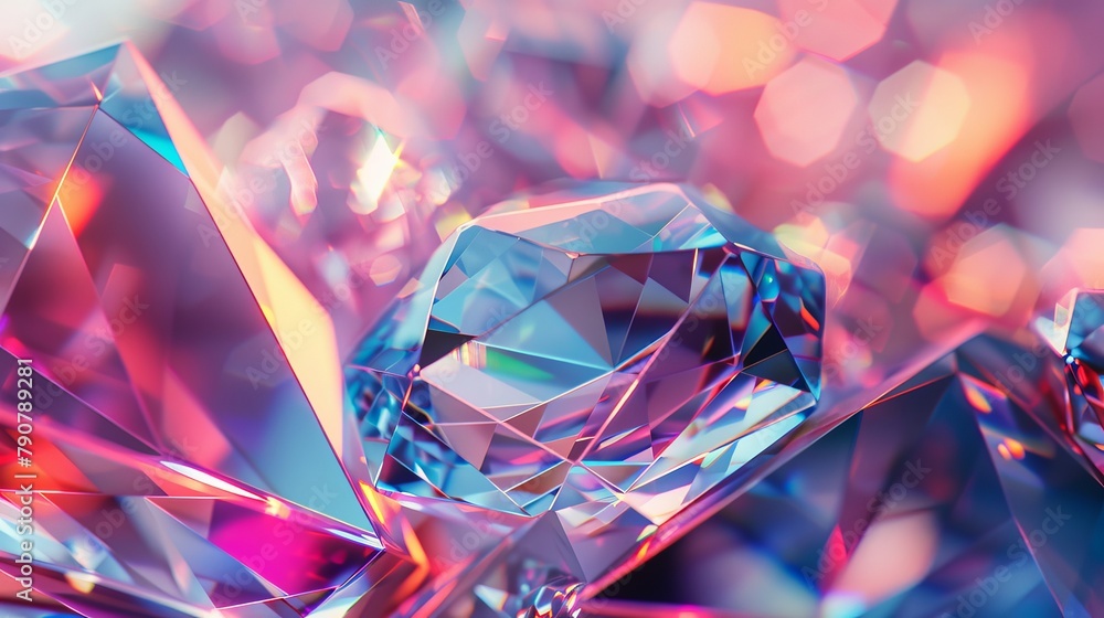 Aufkleber a geometric crystal background with iridescent textures and faceted gems is rendered in 3d.