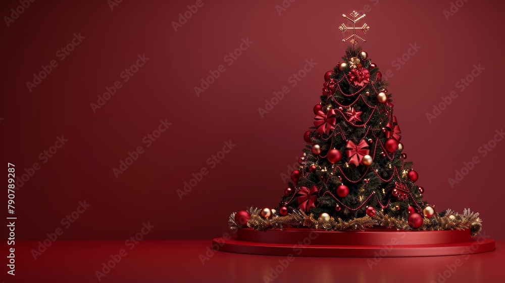 Poster background with red christmas podium and christmas tree. rendering in 3d.