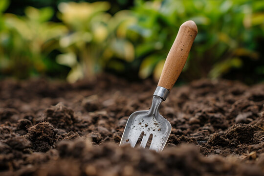 close-up composition highlighting the craftsmanship of a gardening hand trowel and fork standing in garden soil, against a clean and uncluttered background, emphasizing the precisi