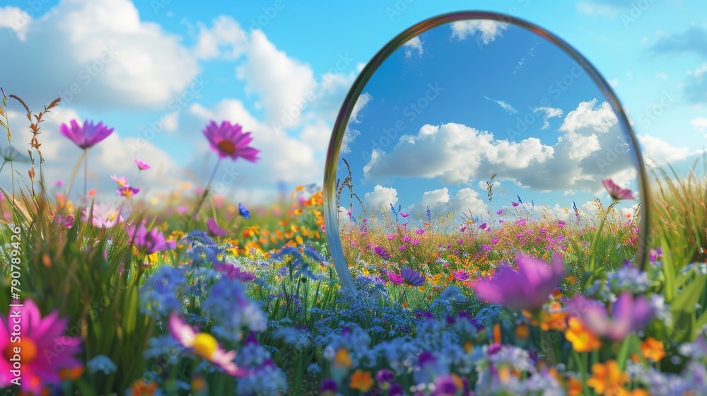 Poster 3d rendering of sky reflection on spring flower field.