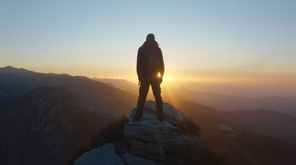 A person standing on the summit of a mountain during sunset, admiring the scenic view and golden hues in the sky