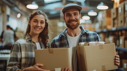 Man and Woman Holding Boxes in a Warehouse