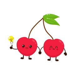 Cute funny cartoon cherry fruit with idea light bulb
