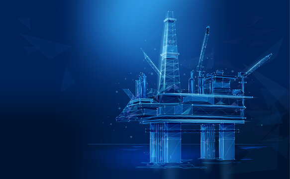 Offshore Rig, technological low poly style. Oil production, innovative technologies. Polygonal wireframe contemporary vector illustration.