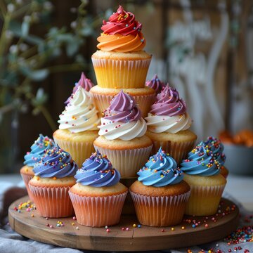 A pyramid of cupcakes with yellow, orange, purple, and blue frosting