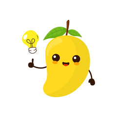 Cute funny cartoon mango fruit with idea light bulb