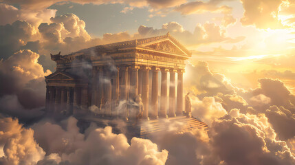 A dreamy Greek temple floating clouds,Surreal art Ancient Greek temple myth.