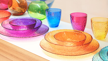 A colorful assortment of plates and bowls are displayed on a wooden shelf. The vibrant colors and unique shapes of the dishes create a cheerful and inviting atmosphere. The variety of sizes