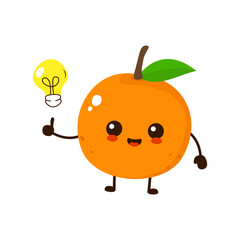 Cute funny cartoon orange fruit with idea light bulb