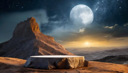 Product podium made of rock in front of the canyon, photographed in the moonlight at night, with the mountain view and the moon in the background