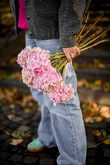 Focus on a bouquet of large-leaved hydrangeas in the hands of a young woman