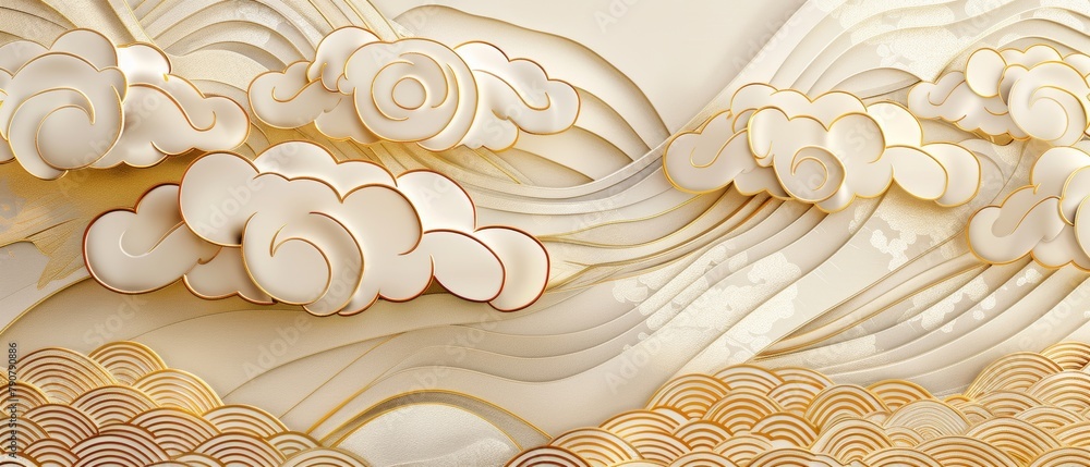 Aufkleber a japanese pattern with gold clouds set against a geometric background.