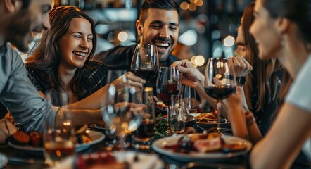 Multiracial young people enjoying rooftop dinner party together - Food and beverage concept with guys and girls having lunch break outside - obrazy, fototapety, plakaty