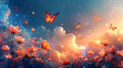 Fotobehang Ethereal Eden: Watercolor Portrait of Luminous Nebula with Colorful Butterflies and Glowing Flowers © Thien Vu