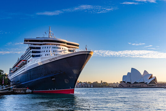 Sydney, New South Wales, Australia; February 27, 2024: The beautiful transatlantic ocean liner Queen Mary 2 is anchored in Sydney Harbour.