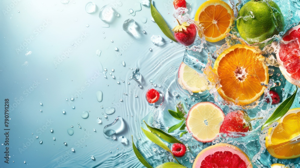 Poster fresh tropical fruits background with water splashes created with generative ai